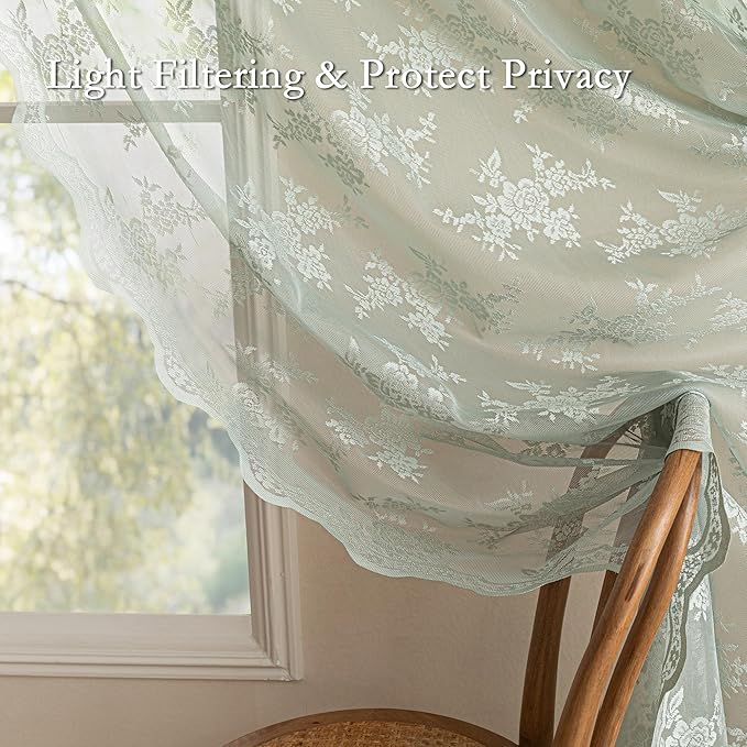 MEETSKY Lace Sheer Curtains 90 Inch Length Sage Green Vintage Victorian French Elegant Farmhouse Decor for Living Room Dining Room Back Tab Rod Pocket Light Filtering Drapes, 50"W Each Panel, 2 Panels