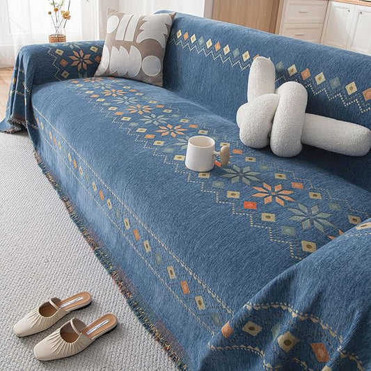VClife Boho Couch Cover Blue Geometric Jacquard Pattern Sofa Cover, 1 Piece Large Couch Covers for 3 Cushion Couch Sofa Washable Plush Chenille Sofa Protector for Living Room, 71x134 Inch
