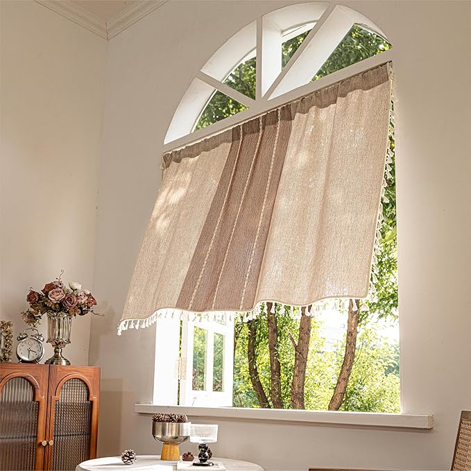 Sutuo Home Boho Curtains Valance Tier 36 inch for Cafe Kitchen Doorway Closet, Short Farmhouse Chic Tassels Window Treatment Bohemian Embroidery Drape, Rod Pocket 1 Panel 52" W x 36" L, Coffee Linen