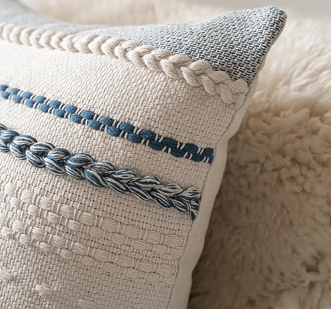 Boho Throw Pillow Covers 18x18 Inch Set of 2, Blue Textured Decorative Couch Pillow Cases for Farmhouse Home Decor, Accent Cushion Cover for Sofa, Bed, Living Room, Bedroom
