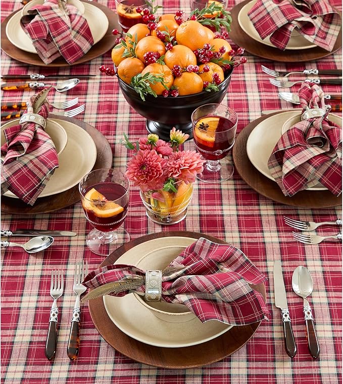 Solino Home Plaid Linen Tablecloth 60 x 90 Inch - 100% Pure Linen Burgundy Tartan Plaid Table Cloth for Rectangle Tables - Machine Washable Tablecloth for Fall, Christmas, Xmas