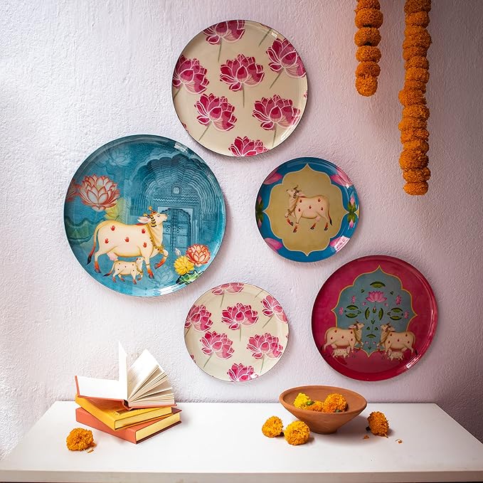 RITUALISTIC Pastel Pichwai Iron Wall Plates- Set of 5 (Multicolor) | Wall Arts For Home Decoration, Bedroom, Office Decor & Christmas gifts| Aesthetic Room Decor Items | Wall Hanging Showpiece