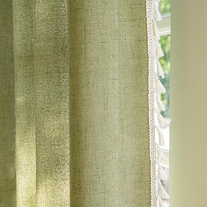 Sutuo Home Boho Curtains for Bedroom 84 Inches Long, Bohemian Linen Textured Curtains with Tassels, Semi Blackout Farmhouse Drapes, Rod Pocket Window Treatments 2 Panels, 52" x 84", Olive Green