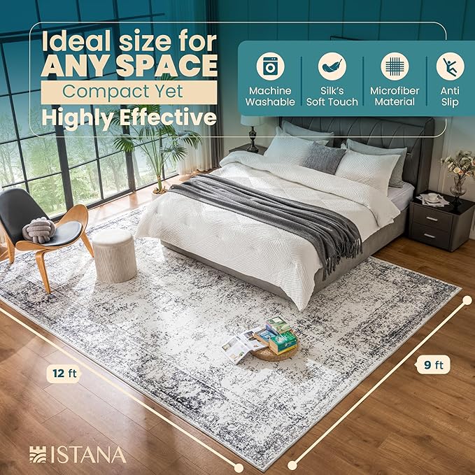Istana 9x12 Rug - White Cream/Grey Living Room Rug - Foldable Farmhouse Rugs for Living Room - Stain Resistant Easy to Clean Washable Rugs 9x12 - Large Area Rugs Washable