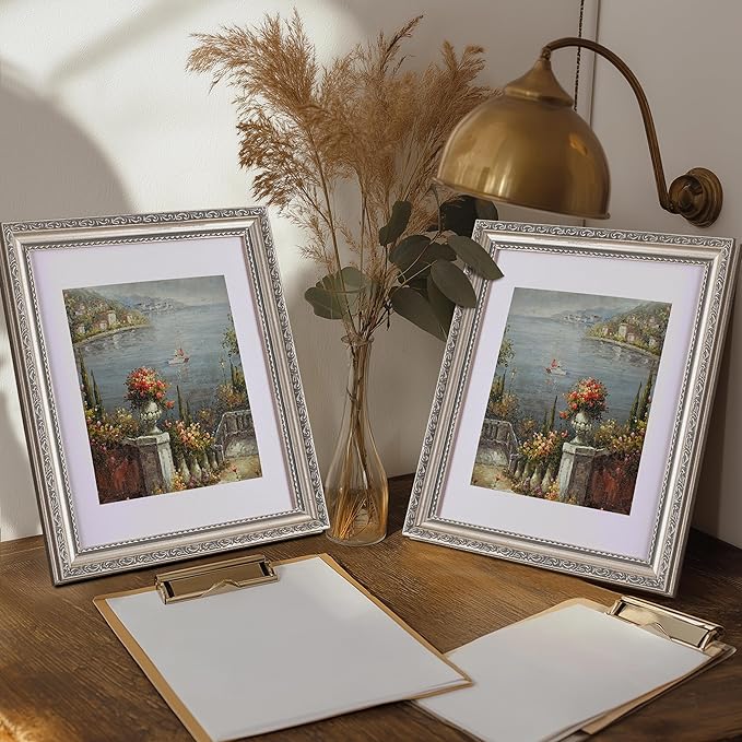 eletecpro 8x10 Picture Frames Set of 2, Vintage Photo Frame with Glass, Frames 8 x 10 Display 5x7 Photo with Mat or 8x10 without Mat for Tabletop or Wall Decor, Silver Beige