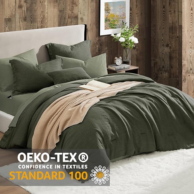 Geniospin Dark Olive Green Twin Comforter Set - 5 Pieces Comforter Twin Size, Solid Bedding Set for All Season, Textured Bed in a Bag with Sheets