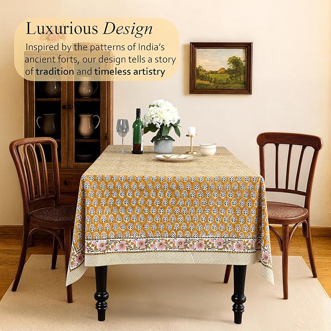 CPC Tablecloth 100% Cotton 60x60 Inch Indian Block Print Square Table Cover, Table Cloth for Weddings, Spring/Summer, Barbeque - Yellow Citrine