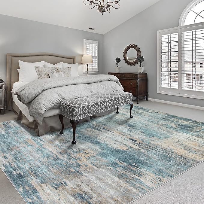 Area Rug Living Room Rugs: 5x7 Rug for Bedroom Machine Washable with Non Slip Backing Non Shedding Abstract Stain Resistant Large Carpet for Dining Room Nursery Home Office - Green