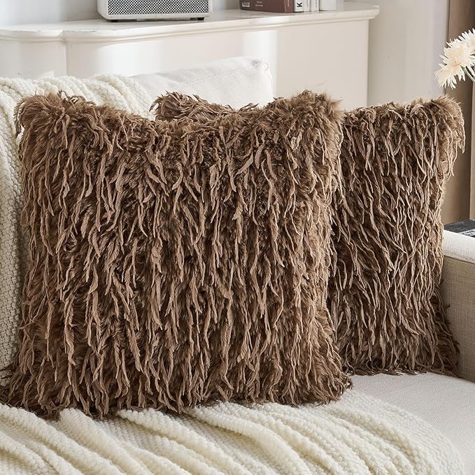 FUTEI Brown Decorative Throw Pillow Covers 24x24 Inch Set of 2,Soft Fluffy Faux Feather Texture European Cushion Cases,Modern Home Luxury Decor for Couch Bed Living Room