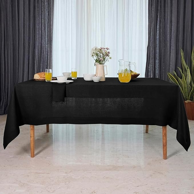 D'Moksha Homes Black Linen Tablecloth 60 x 140 Inch - 100% Pure Linen Tablecloth for Rectangle Tables - Machine Washable Table Cloth for Fall, Thanksgiving, Holiday