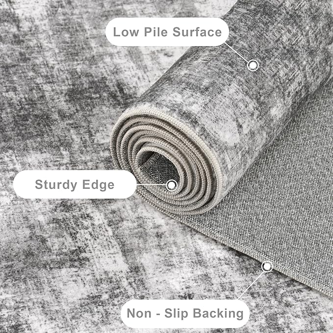 2x6 Modern Abstract Rug Washable Area Rugs for Living Room Bedroom Dining Room Non-Slip Low Pile Neutral Large Rug Soft Indoor Floor Carpet, Gray