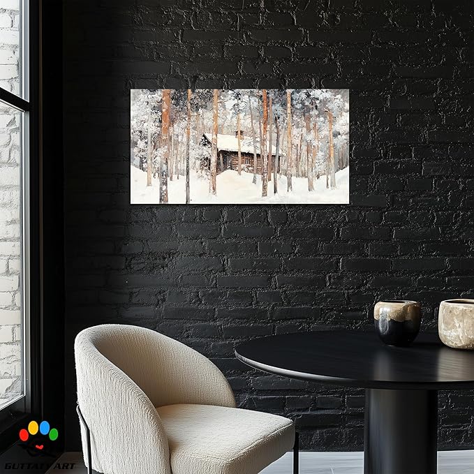 GUTTATY Winter Christmas Cabin Canvas Wall Art, Snow Forest Canvas Painting, Rustic Winter Scene Wall Decor, Textured Canvas Prints Pictures, Holiday Poster for Living Room, Bedroom, 48x24 Inch