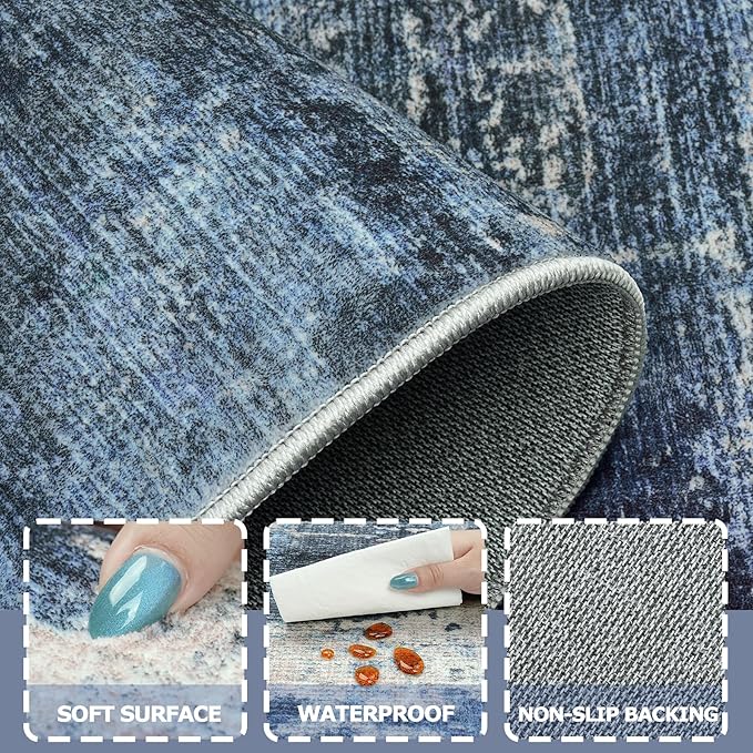 Area Rugs 9x12 Living Room: Large Machine Washable Area Rug with Non Slip Backing Non Shedding Abstract Stain Resistant Carpet for Bedroom Dining Room Nursery Home Office - Beige/Blue