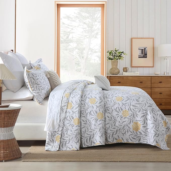 Homzard Quilt King Size Comforter Set - 100% Cotton Quilt Set King Size, Yellow Gray White Garden Bedding, Floral Leaves Bedspread(106 * 98 Inches) with 2 Pillow Shams,Reversible