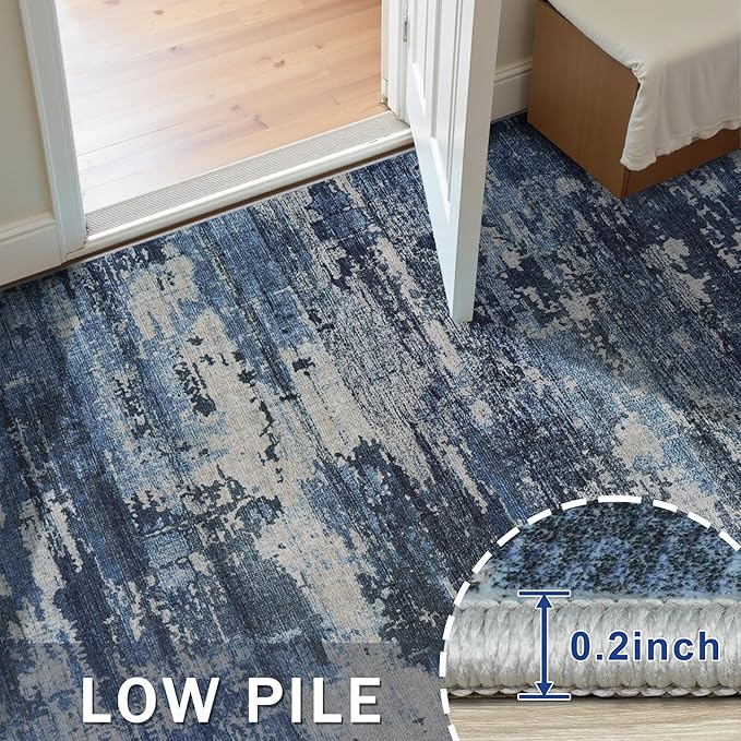 Area Rugs 9x12 Living Room: Large Machine Washable Area Rug with Non Slip Backing Non Shedding Abstract Stain Resistant Carpet for Bedroom Dining Room Nursery Home Office - Beige/Blue