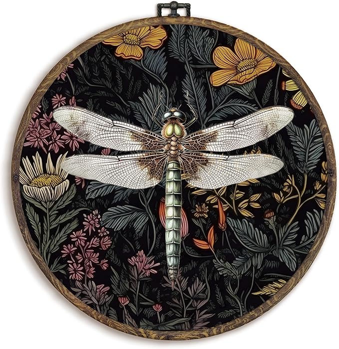 KFXHANGD Vintage Dragonfly Round Wall Art Framed, Dragonfly Wall Decor, Dark Green Botanical Canvas Wall Art Decor, Dragonflies Floral Hanging Wall Decor for Bathroom Living Room Bedroom,10x10