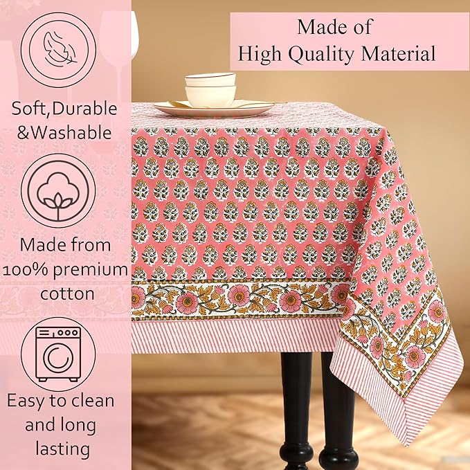 CPC Tablecloth 100% Cotton 72x140 Inch Indian Block Print Rectangle Table Cover, Washable Table Cloth for Weddings, Spring/Summer, Barbeque - Poppy Pink