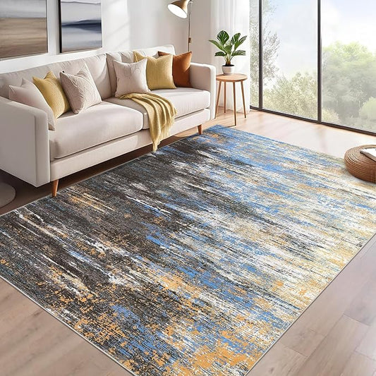 Washable Rug 5x7 Abstract Area Rug for Living Room, Non Slip Foldable Soft Rugs for Bedroom, Stain Resistant Rugs Modern Fuzzy Rug, Indoor Floor Carpet for Entryway Home, Blue/Brown
