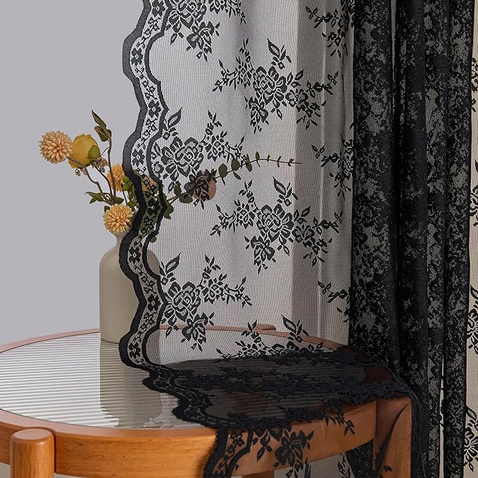 MEETSKY Black Floral Lace Sheer Curtains 90 Inch Long Goth Victorian Vintage Spooky Halloween Holiday Party Decor for Living Room Back Tab Rod Pocket Light Filtering Drapes, 50" W Each Panel, 2 PCs