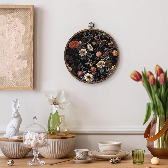 KFXHANGD Vintage Bee Rose Floral Round Wall Art Framed, Dark Moody Bees Flower Canvas Wall Art Decor, Bee Botanical Hanging Decor for Bedroom Bathroom Living Room, 10x10inch