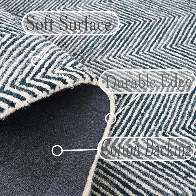 Modern Herringbone Chevron Collection Handcrafted Wool Area Rug - Durable, Zigzag Pattern, for High Traffic, Contemporary Design for Living Room, Bedroom, Dining Room Decor (Denim Blue, 2.6' x 12')