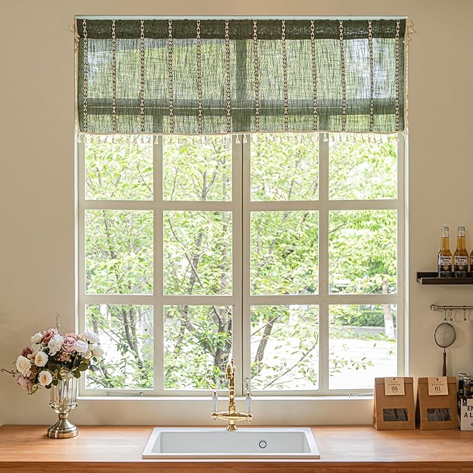 Sutuo Home Olive Green Boho Short Curtains Valance with Tassles, Bohemian Linen Light Filtering Vintage French Country Christmas Window Treatment Embroidery Drape, Rod Pocket 1 Panel 52" W x 18" L