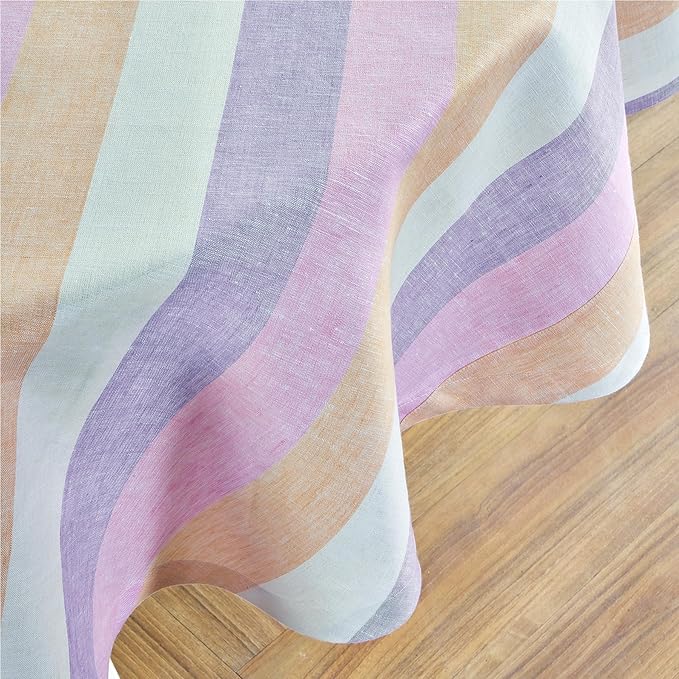 Solino Home Linen 60 Inch Round Tablecloth - 100% Pure Linen Multicolor Gelato Stripe Round Tablecloth - Machine Washable Table Cloth