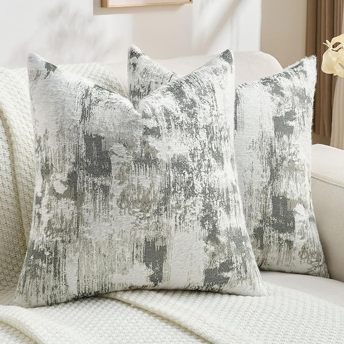 FUTEI Dark Green White Decorative Throw Pillow Covers 24x24 Inch Set of 2,Soft Faux Cashmere Jacquard - Textured & Cozy Euro Pillow Shams,Modern Home Decor for Couch Bed Living Room