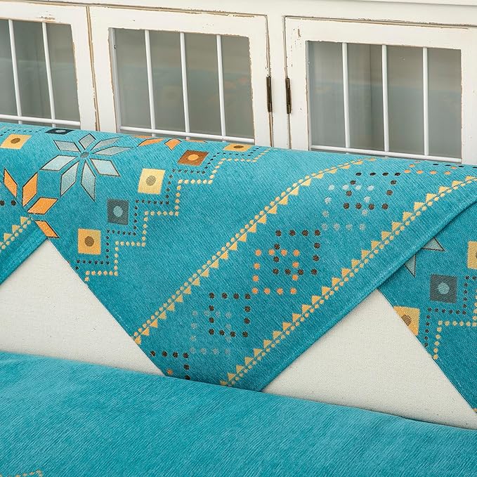 Boho Chenille Couch Covers,Geometric Couch Covers for Sofa,Chenille Couch Cover Non Slip,Sectional l Shaped Sofa Furniture Protector Cover for Home Decor,Lake Blue_4 Seat 35x94in/90x240cm