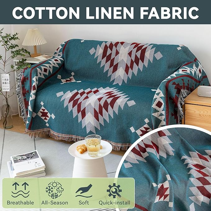 VClife Boho Couch Cover Soft Cotton Linen Blue Red Gray Triangle Plaid Geometric Sofa Slipcover for Sectional Sofa, Multi-sue Non Slip Loveseat Cover Sofa Protector for Dog Cat Kid 71"x 118"