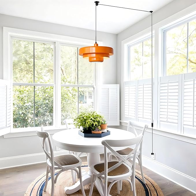 Plug in Pendant Light, Mid Century Orange Hanging Lights with Plug in Cord, 3-Layer Metal Shade, Adjustable Pulley, Dimmable, Vintage Hanging Lamp for Bedroom, Kitchen Island, Dining Room