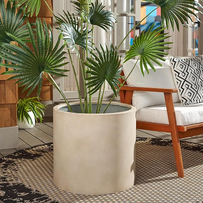 SAFAVIEH Outdoor Collection Alia Modern Beige Concrete Ficonstone Round Planter Pot
