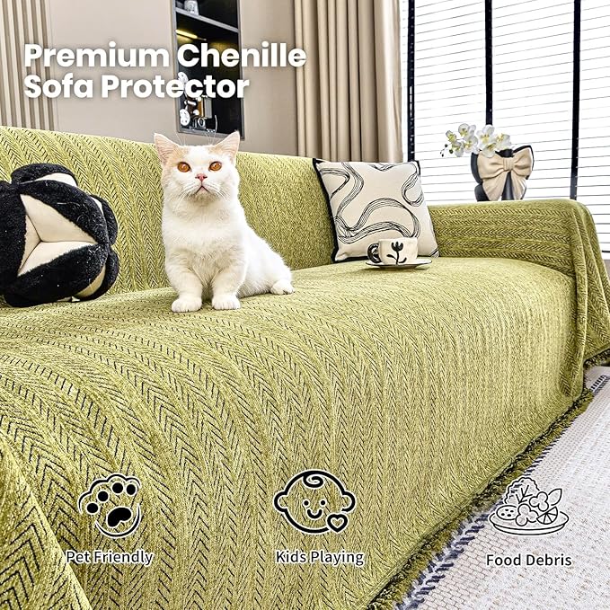 Nobildonna Sofa Cover Washable Soft Thicken Chenille Couch Cover with Tassel,Waterproof Sofa Slipcovers for 2 Cushion Couch,Loveseat,Futon Couch Furniture Protector Pet-Friendly,Yellow Green 71"x102"