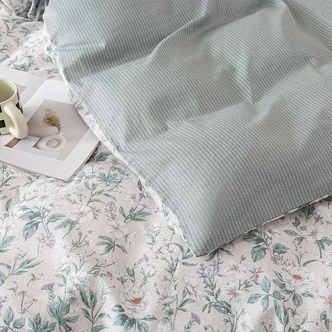 HoneiLife Floral Duvet Cover Queen - 100% Cotton Comforter Cover, Soft Botanical Bedlinen Set with Zipper Closure & Corner Ties,3-Piece Wildflower Comforter Cover Sets, Greenery