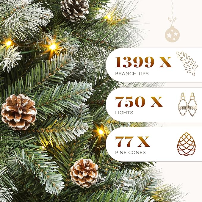 YITAHOME 7.5ft Prelit Scotch Pine Christmas Tree with Remote Control, Pre-Decorated Frosted Christmas Tree with Pine-Cones & Needles, Warm White/Multicolor Changing Lights for Home/Office