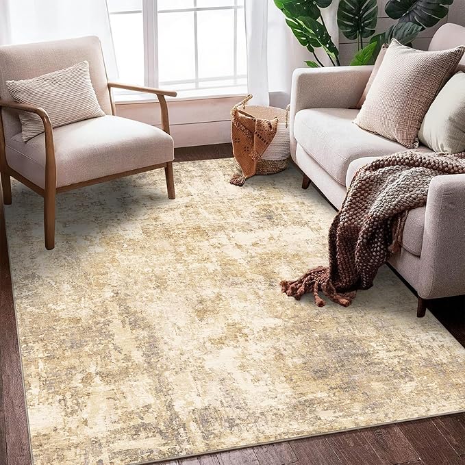 3x5 Modern Abstract Rug Washable Area Rugs for Living Room Bedroom Dining Room Non-Slip Low Pile Neutral Large Rug Soft Indoor Floor Carpet, Gold