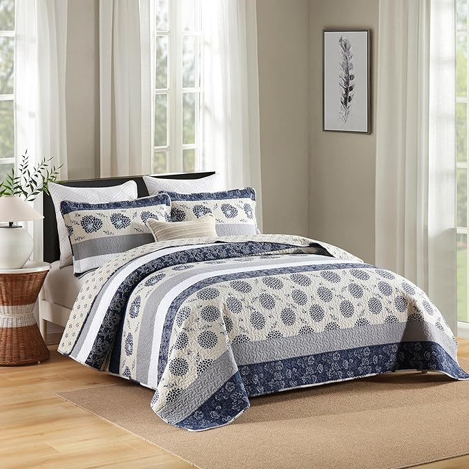 Homzard Quilt King Size-Comforter King Quilt Bedding Set,Navy Blue Beige Grey All Cotton Quilted Bedspread,Striped Floral Pattern Bedding Set,Lightweight Reversible 3 Piece,All Seasons