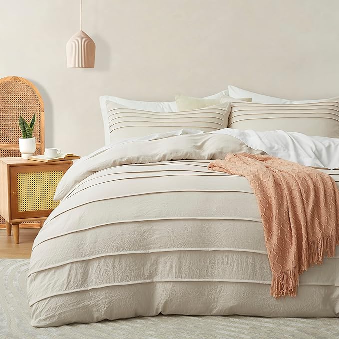 Oli Anderson Beige Duvet Cover Twin Size - Pleated Twin Duvet Cover, 2PCS Soft and Breathable Textured Bedding Set with Zipper Closure(Beige,68"x90")