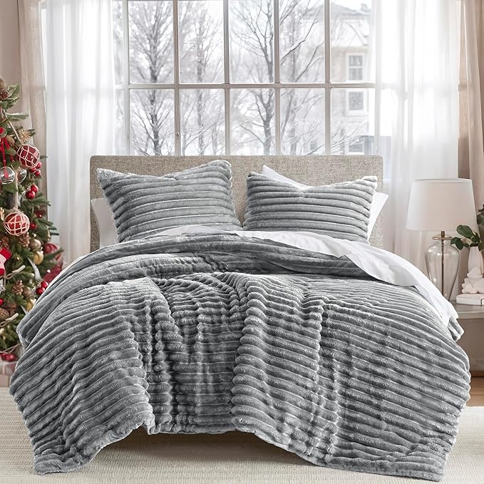 Intelligent Design Queen Comforter Set, Cozy Plush Bedding, Microfiber Reverse, 3 Piece, Lightweight, Super Soft Ribbed Velvet Comforter 2 Shams, All Season Fluffy Bed Set, Avril, Full/Queen Grey