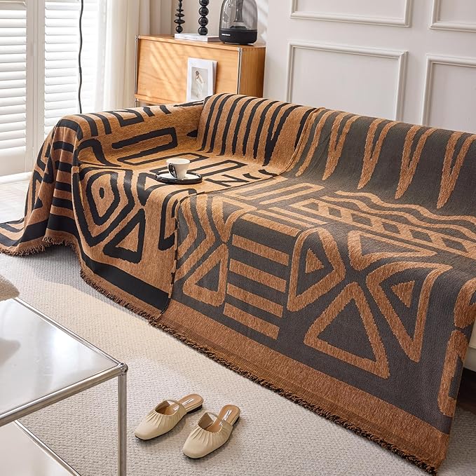 DREAMINGO Boho Couch Cover Washable Chenille Sofa Cover Blanket Brown Black Furniture Protector for Sectional 2 Cushion Couch Reversible Geometric Jacquard Loveseat Slipcover, Large 71"x118"