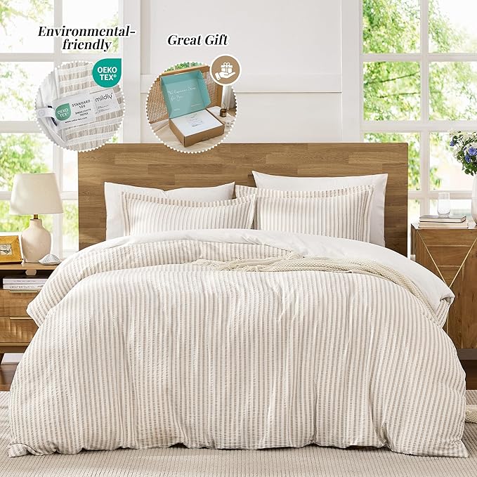 MILDLY Jacquard Stripe Duvet Cover - 100% Washed Cotton Light Khaki Boho Textured Comforter Cover 2pcs with Zipper Closure 68"x90"