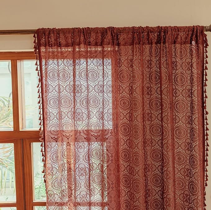 Burnt Orange Sheer Curtains 72 Inch Length 2 Panels Set Boho-Meets-Victorian Lace Crochet Curtain Panels for Bedroom Living Room Rustic Fall Boho Curtains Rod Pocket Privacy 59 W x 72 L Terracotta