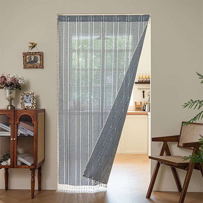Sutuo Home Blue Boho Door Curtains for Doorway, Bohemian Semi Blackout with Tassels Privacy Embroidery Drape Decor for Temporary Room Dividers Bedroom Living Room, Rod Pocket 1 Panel 37" W x 80" L
