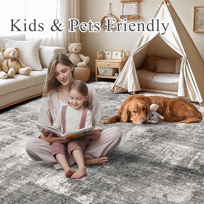 2x6 Modern Abstract Rug Washable Area Rugs for Living Room Bedroom Dining Room Non-Slip Low Pile Neutral Large Rug Soft Indoor Floor Carpet, Gray