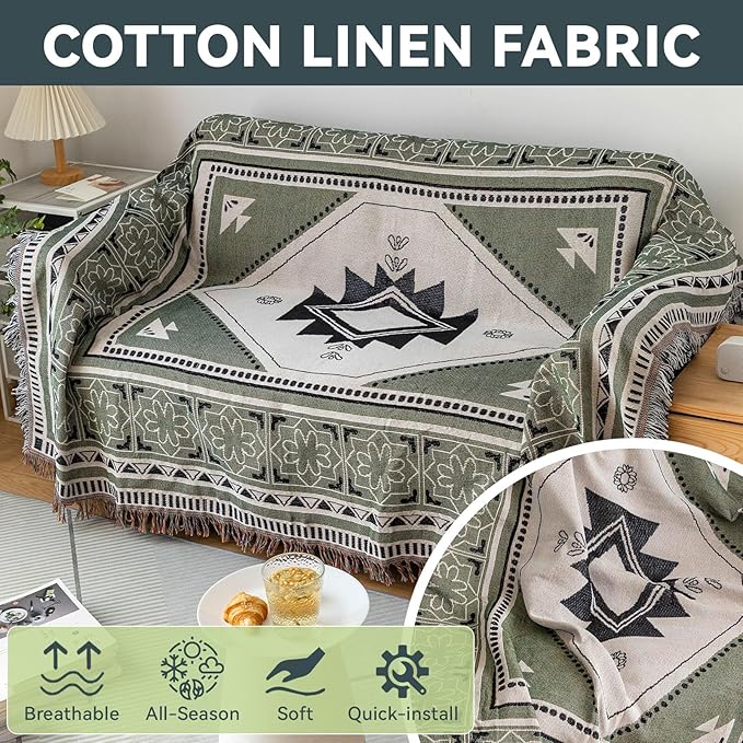VClife Boho Sofa Cover XXL Couch Cover for 3-4 Cushion Couch Sofa Sage Green Geometry Loveseat Cover for Dog Cotton Linen Furniture Protector Cover with Tassel Non-slip Sectional Sofa Slipcover 71X150