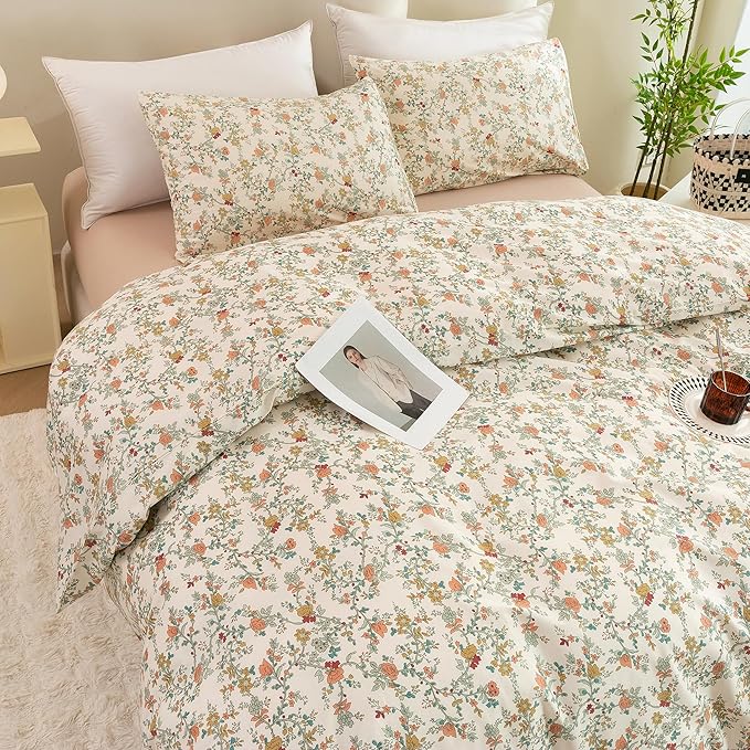 ECOCOTT Floral Duvet Cover King Size – 3 Piece 100% Washed Cotton Bedding Set with Zipper Closure, Soft Lightweight Breathable Botanical Print Comforter Cover for Spring Summer Bedroom Decor