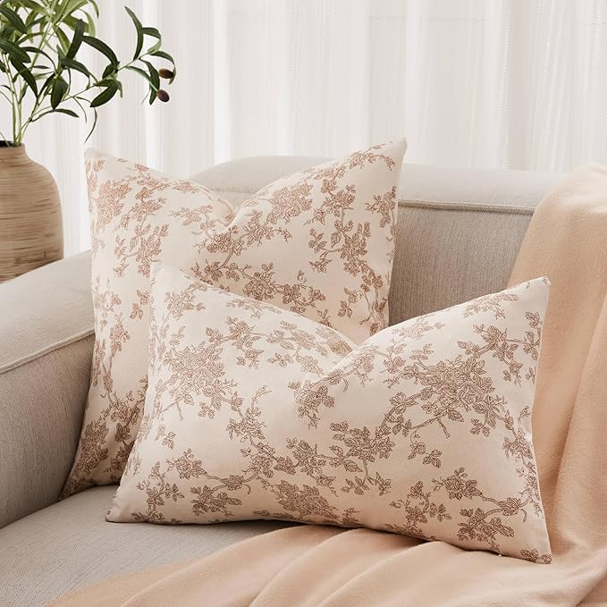 100% Cotton French Pastoral Throw Pillow Covers Set of 2, 24x24 Inch Brown Farmhouse Decorative Cushion Covers for Sofa Bed Living Room Home Decor