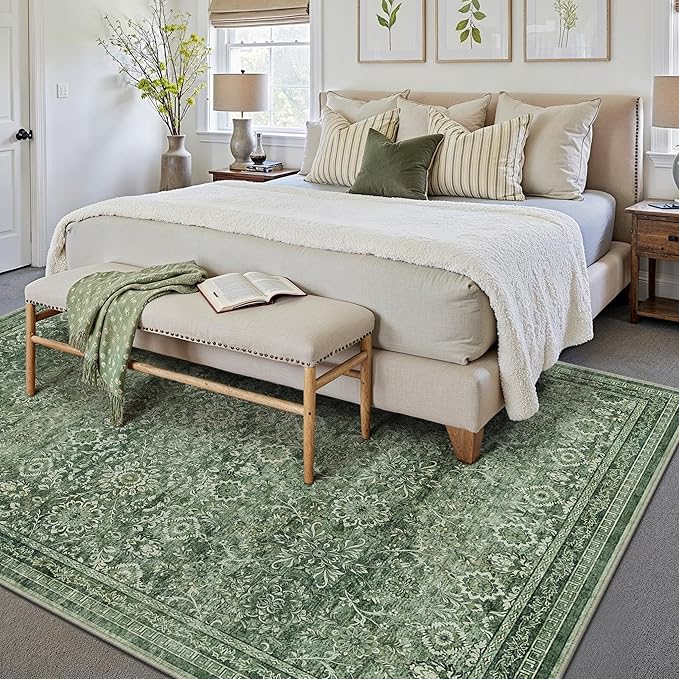 5x7 Vintage Area Rug Green Washable Living Room Large Non Slip Carpet Bedroom Indoor Office Low Pile Traditional Distressed Retro Floral Accent Rug for Dining Room Bathroom Kitchen