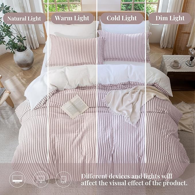 MILDLY Jacquard Stripe Duvet Cover - 100% Washed Cotton Pale Pink Boho Textured Comforter Cover 2pcs with Zipper Closure 68"x90"