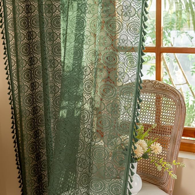 YJ YANJUN Lace Bohemian Curtains Boho Green Sheer Curtains 96 inches Long 2 Panels Old Fashion Crocheted for Living Room Spring Tassels Curtains Light Filtering Farmhouse Drapes 59" W x 96" L
